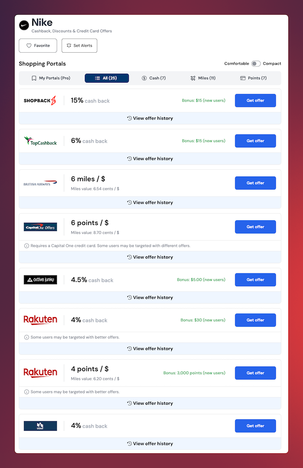 Savewise comparing Nike rates across several shopping portals